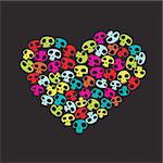 Heart shape made of small colorful funny skulls on black background. Vector illustration