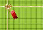 Vector illustration of green Scottish plaid gift wrapping with golden ribbon, bow and red empty tag