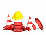 3d bright road cones and hat - over white