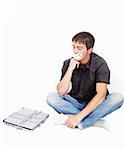 Man with isolated mouth and chained laptop