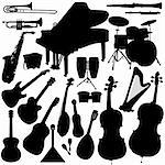 22 pieces of detailed vectoral musical instrument silhouettes. Jpeg file involves paths.