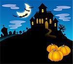 Haunted house with pumpkins - color illustration.