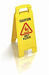 Bright yellow wet floor sign isolated on white. Pro clipping path.