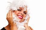 Pretty Girl with White Boa Isolated on a White Background.