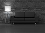 An illustration of a black room with a black sofa