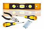 Yellow Spirit Level iwth tools and copy space