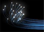 Bunch of the blue optical fibers dynamic flying from deep on black background
