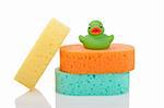 A three sponges and rubber duck reflected on white background