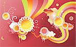 Illustration vectorielle de fond funky design stylisé en formes de soleil, formes arc-en-ciel et éléments floraux