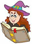 Wizard girl reading magic book - vector illustration.