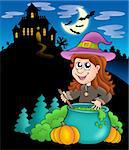 Wizard girl with haunted house - color illustration.