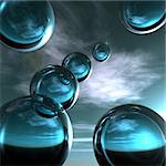 Cool abstract blue glass spheres against the horizon.