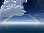 A background with a large cumulus cloud and beautiful rainbow over water