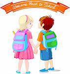 Vector illustration of girl and boy go to school