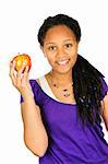 Isolated portrait of black teenage girl holding apple