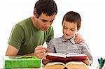 Happy schoolboy and his father learning together - isolated