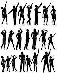 Set of editable vector silhouettes of people looking and pointing upwards