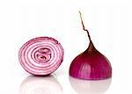 Chopped purple onion before white background.