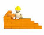 3d puppet - builder, building a brick wall. Object over white