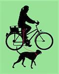 Woman on bicycle with dog on leash