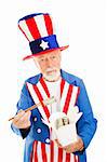 American Uncle Sam looks worried as he eats rolls of cash from a Chinese takeout box.  Metaphor for US debt to China.