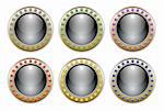 Ornate Black Vector Glossy Button Set with 6 Color Combinations of the Outer Ring Elements.