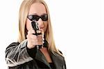 Portrait of the blonde with gun isolated on white background