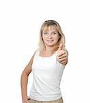 Closeup portrait of a beautiful young woman showing thumbs up sign