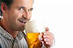 Close-up of Bavarian man which drinks out of Oktoberfest beer stein