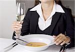 Business woman is having lunch at a frensh gourmet restaurant.