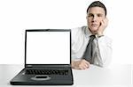 Businessman laptop, bad news, blank copy space screen