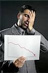 Businessman with bad sales reports chart. Crisis