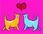 Couple of cats in love. Red heart above them on pink background