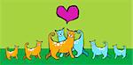 Couple of cats in love with their offspring. Pink heart above them on green background