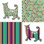 Retro style cats with their respective textures aside. Colorful dots and lines backgrounds