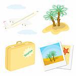 Set of color vacation icons (aircraft, palm trees, suitcase, photos). Vector illustrations.