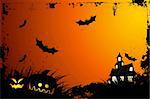 Halloween grunge background with grass bat and hunting house