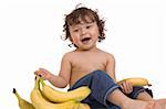 Baby with banana, isolated on a white background.