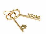 Two 3d gold keys with symbol home. Objects over white