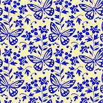 Vector illustration in blue, butterflies and flowers seamless pattern, full scalable vector graphic included Eps v8 and 300 dpi JPG.