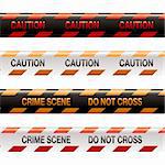 Four illustrations of modern crime scene warning tape in orange and red