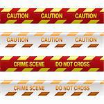 Four strips of crime scene tape in red and yellow with shadow effect