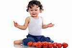 Child with tomato; isolated on a white background.