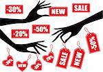 Hands holding red sale badges, vector