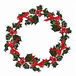 Holly leaf sprigs with red berries forming a circular wreath, over white background.