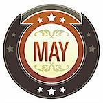 May month calendar icon on round red and brown imperial vector button with star accents suitable for use on website, in print and promotional materials, and for advertising.