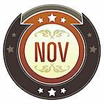 November month calendar icon on round red and brown imperial vector button with star accents suitable for use on website, in print and promotional materials, and for advertising.