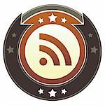 RSS feed icon on round red and brown imperial vector button with star accents suitable for use on website, in print and promotional materials, and for advertising.