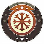 Snowflake or winter icon on round red and brown imperial vector button with star accents suitable for use on website, in print and promotional materials, and for advertising.