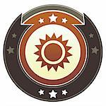 Sun icon on round red and brown imperial vector button with star accents suitable for use on website, in print and promotional materials, and for advertising.